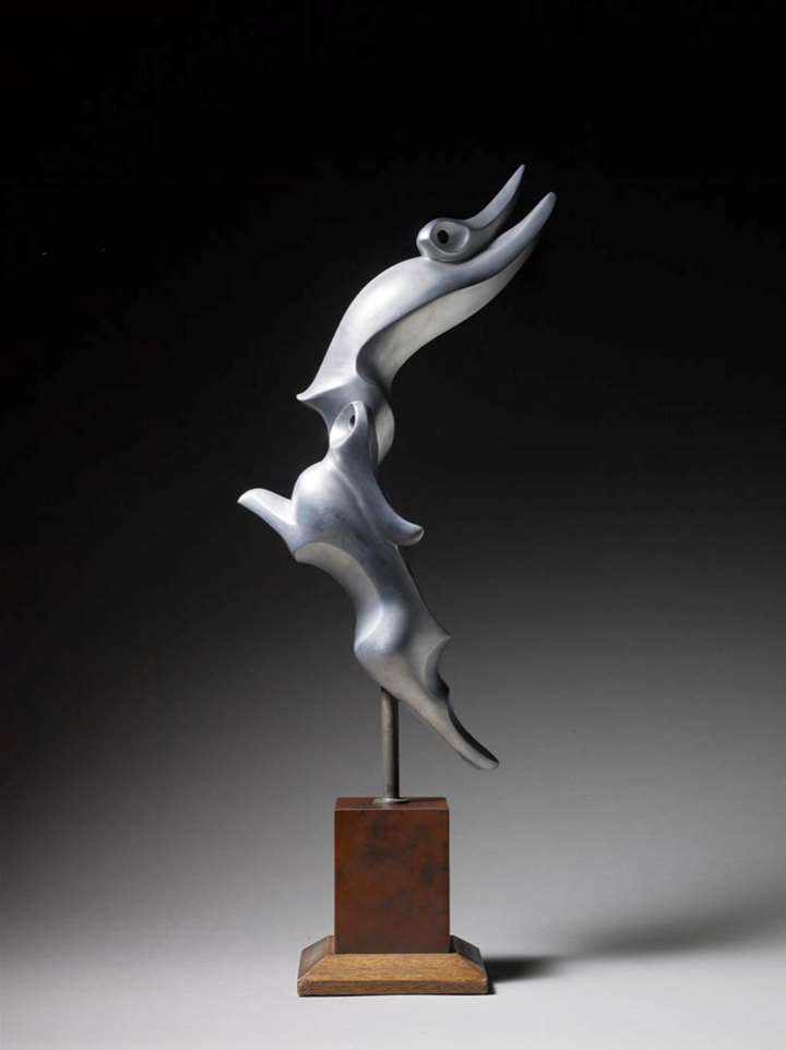 An aluminium sculpture of two leaping usagi (hares)